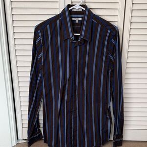 Express Men's Brown and Blue Striped Shirt